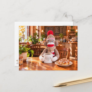 Cosy Sock Monkey Cafe Coffee and Cinnamon Roll Postcard