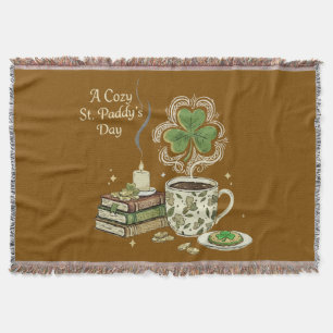 Cosy St. Paddy's Day Irish Coffee and Vintage Book Throw Blanket