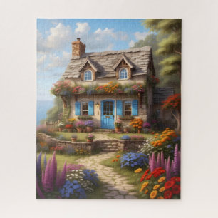 Cosy Stone Cottage with Blue Door Garden Jigsaw Puzzle