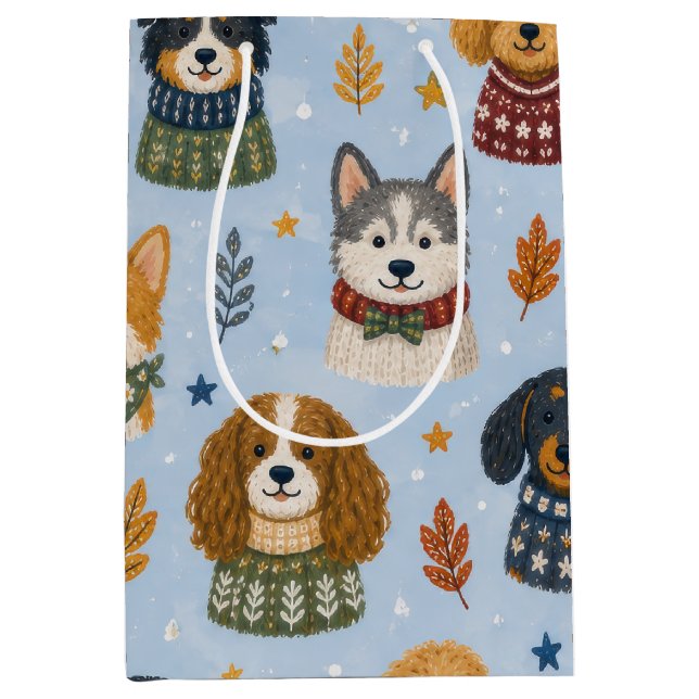 Cosy Sweater Puppies Winter Dog Pattern Medium Gift Bag (Front)
