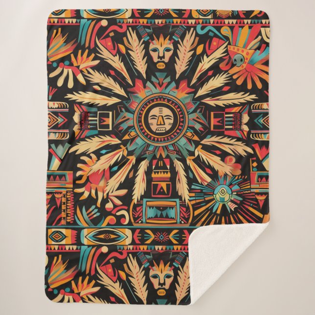 Cosy Teal "Aztec Dream" Plush Sherpa Blanket (Front)