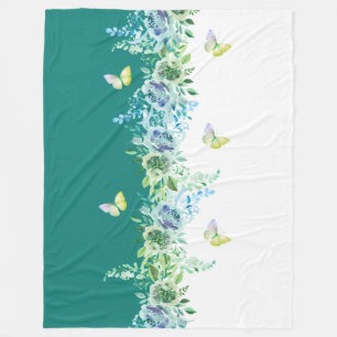 Cosy Teal Floral and Butterfly Sherpa Throw Fleece Blanket