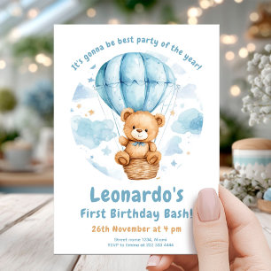 Cosy Teddy Balloon 1st Birthday Invitation