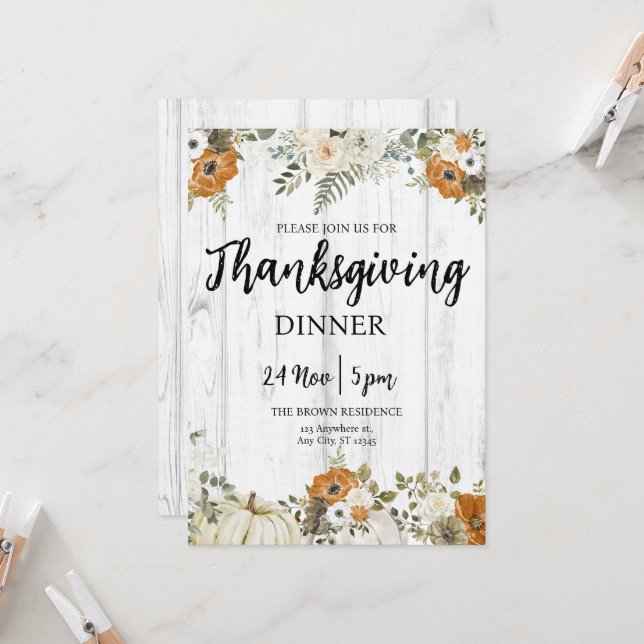 Cosy Thanksgiving Dinner Pumpkin Fall Flowers Invitation (Front/Back In Situ)