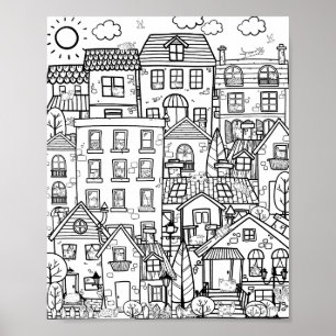 Cosy Town Cute Funny Cats Doodle Adult Colouring Poster