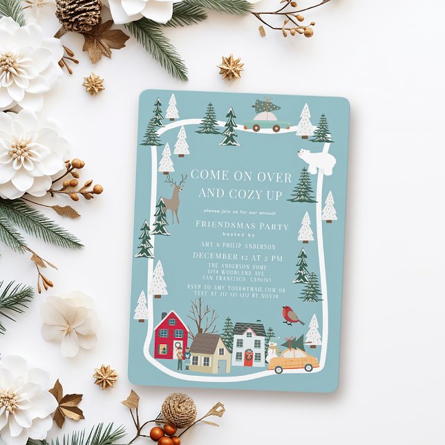 Cosy Up Blue Snowy Village Christmas Holiday Party Invitation (Creator Uploaded)