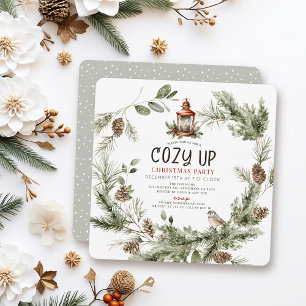 Cosy Up Greenery Wreath Christmas Holiday Party Invitation