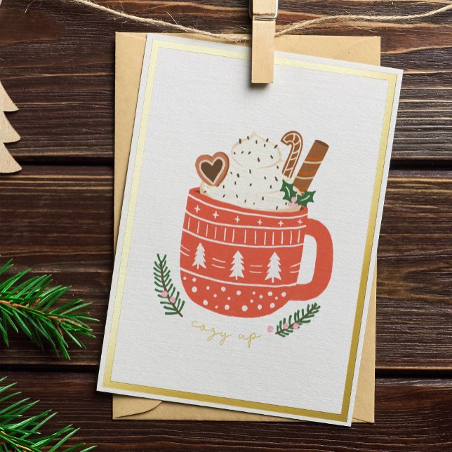 Cosy Up Hot Cocoa Mug Christmas Pretty Gold Foil Holiday Card (Creator Uploaded)
