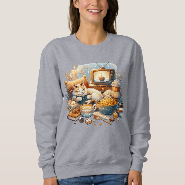 Cosy Vibes Only: Cat, Book, Mac & Cheese, Coffee Sweatshirt (Front)