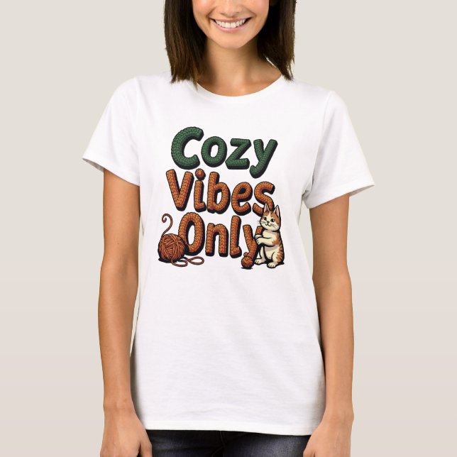 Cosy Vibes Only - Knitted Text with Playful Cat T-Shirt (Front)