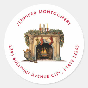 Cosy Victorian Fireplace Christmas - Address Classic Round Sticker