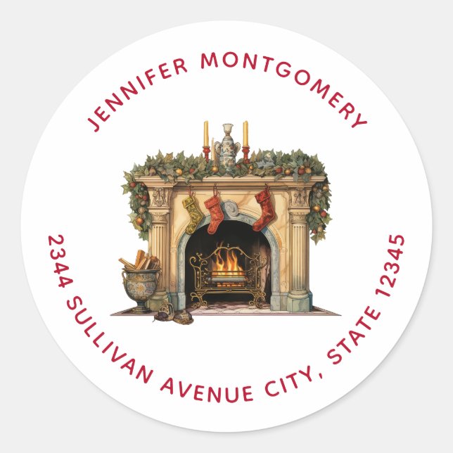 Cosy Victorian Fireplace Christmas - Address Classic Round Sticker (Front)