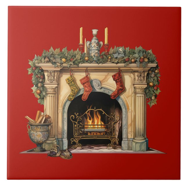 Cosy Victorian Fireplace Christmas Ceramic Tile (Front)