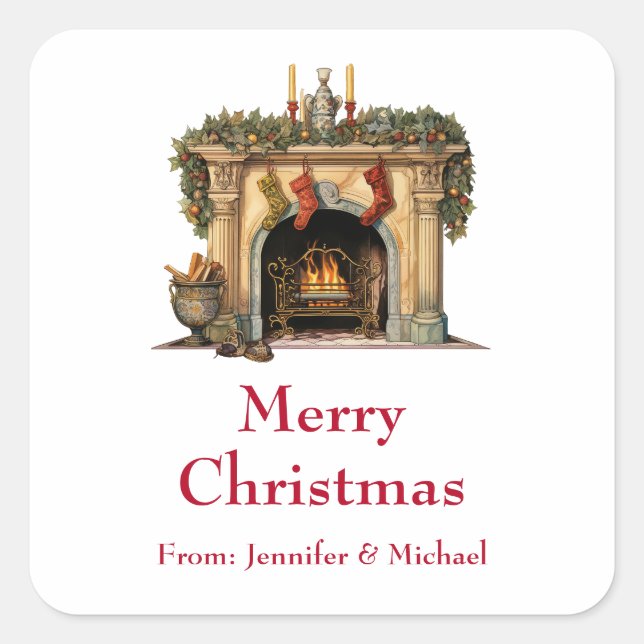 Cosy Victorian Fireplace Christmas Gift Square Sticker (Front)