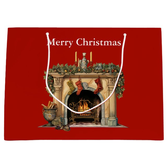 Cosy Victorian Fireplace Christmas Large Gift Bag (Front)