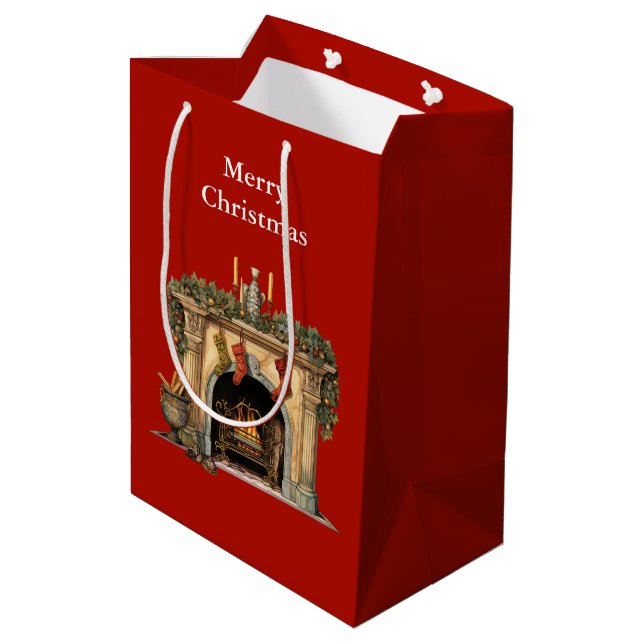 Cosy Victorian Fireplace Christmas Medium Gift Bag (Back Angled)