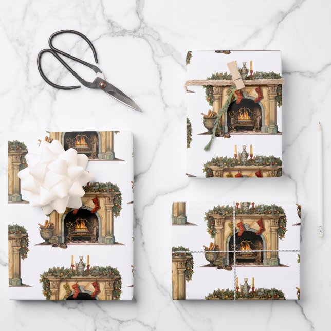 Cosy Victorian Fireplace Christmas Pattern Wrapping Paper Sheet (Front)