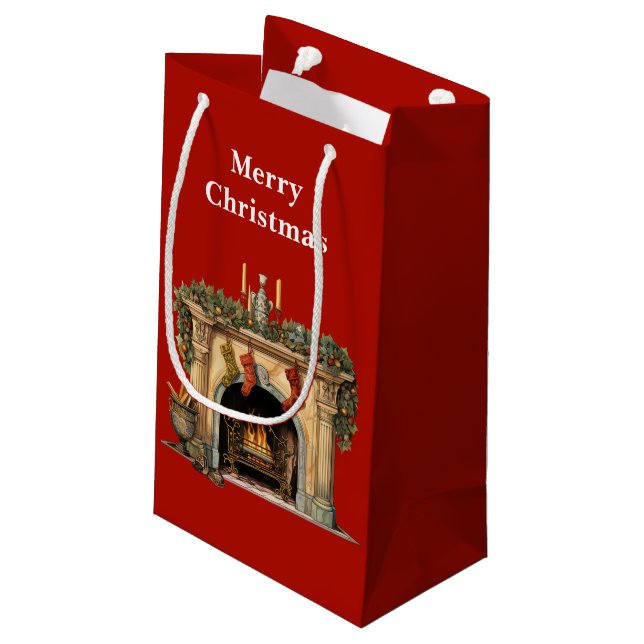 Cosy Victorian Fireplace Christmas Small Gift Bag (Back Angled)