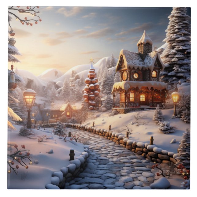 Cosy Village at Christmas illustration Ceramic Tile (Front)