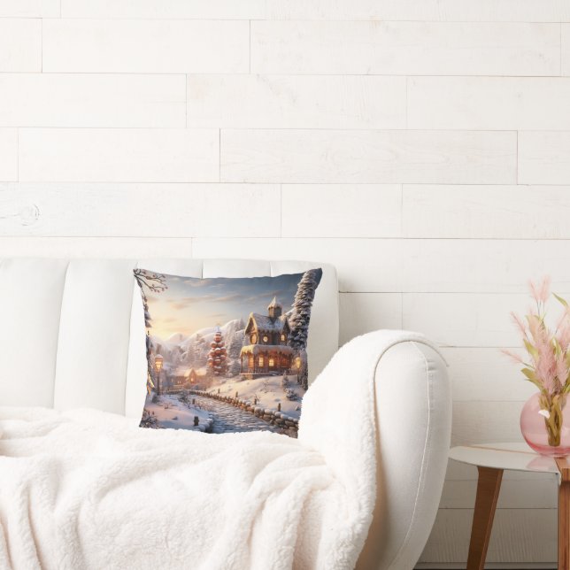 Cosy Village at Christmas illustration Cushion (Couch)