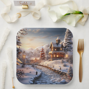 Cosy Village at Christmas illustration Paper Plate