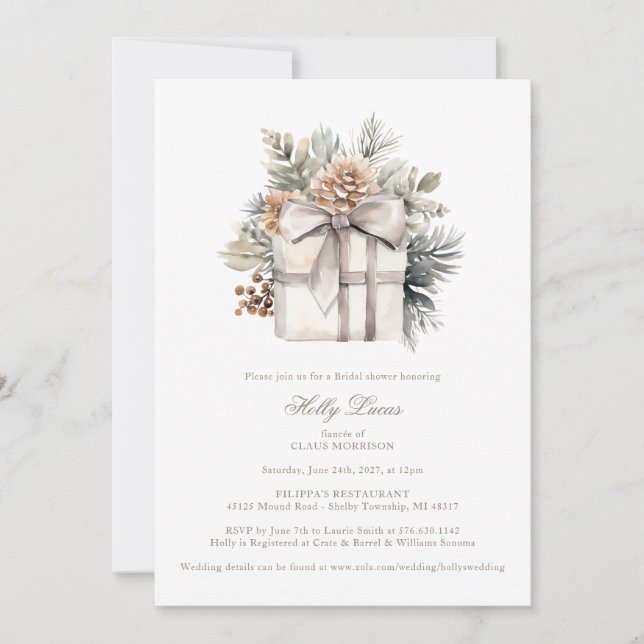 Cosy Vintage Christmas Bridal Shower, White & Gold Invitation (Front)