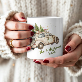 Cosy Vintage Christmas Car Personalised Family Coffee Mug