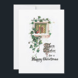Cosy Vintage Christmas Ivy Covered Window Holiday Card<br><div class="desc">Charming antique Christmas card illustration featuring cosy glowing window with robin sitting on the snow-covered ledge with ivy growing around it. Back features complementary graphics and editable text fields.</div>