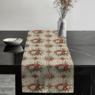 Cosy Vintage Red Roses Pastel Green Tile Accents Long Table Runner