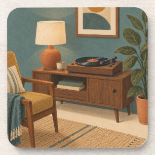 Cosy Vinyl Record Player in Midcentury Teal Room Coaster