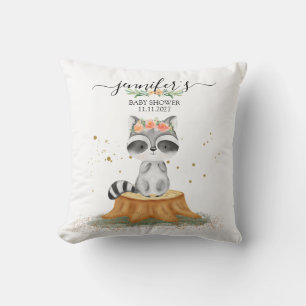 Cosy Warm Grey Watercolor Racoon Baby Shower Cushion