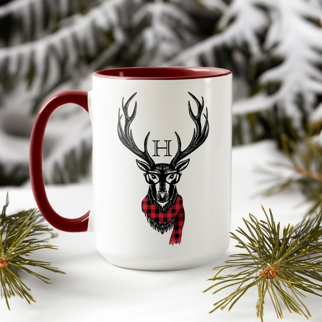 Cosy & Warm | Red Buffalo Plaid Deer Monogram Mug (Cozy & Warm | Red Buffalo Plaid Deer Monogram Mug)