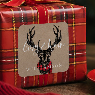 Cosy & Warm   Red Buffalo Plaid Reindeer Family Square Sticker