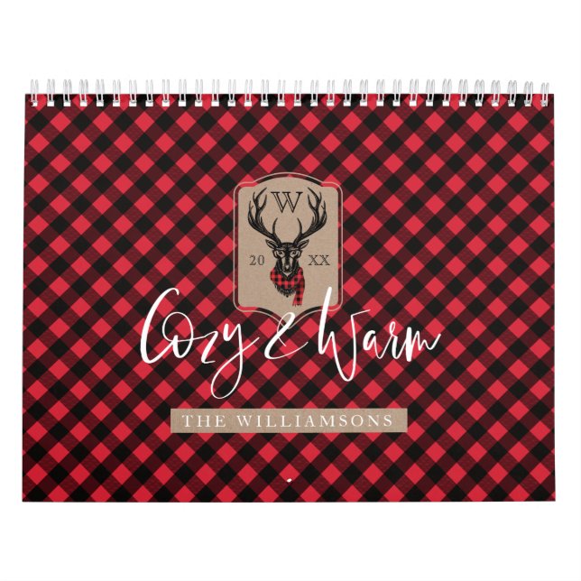 Cosy & Warm | Red Buffalo Plaid Reindeer Monogram Calendar (Cover)