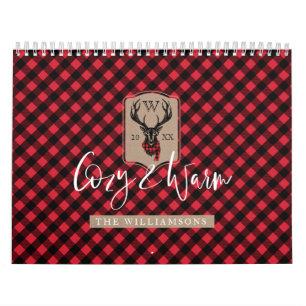 Cosy & Warm Red Buffalo Plaid Reindeer Monogram Calendar