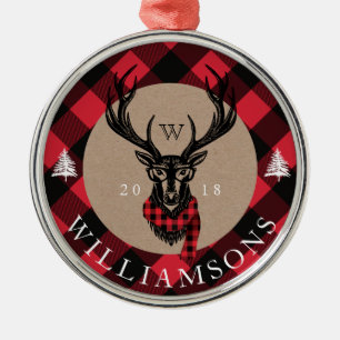 Cosy & Warm   Red Buffalo Plaid Reindeer Monogram Metal Ornament