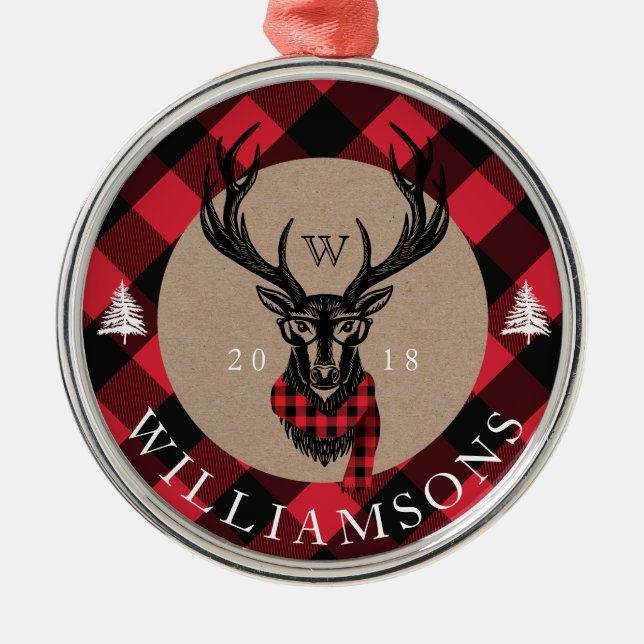 Cosy & Warm | Red Buffalo Plaid Reindeer Monogram Metal Ornament (Front)