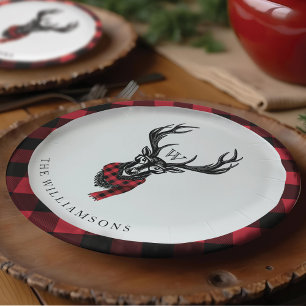 Cosy & Warm   Red Buffalo Plaid Reindeer Monogram Paper Plate