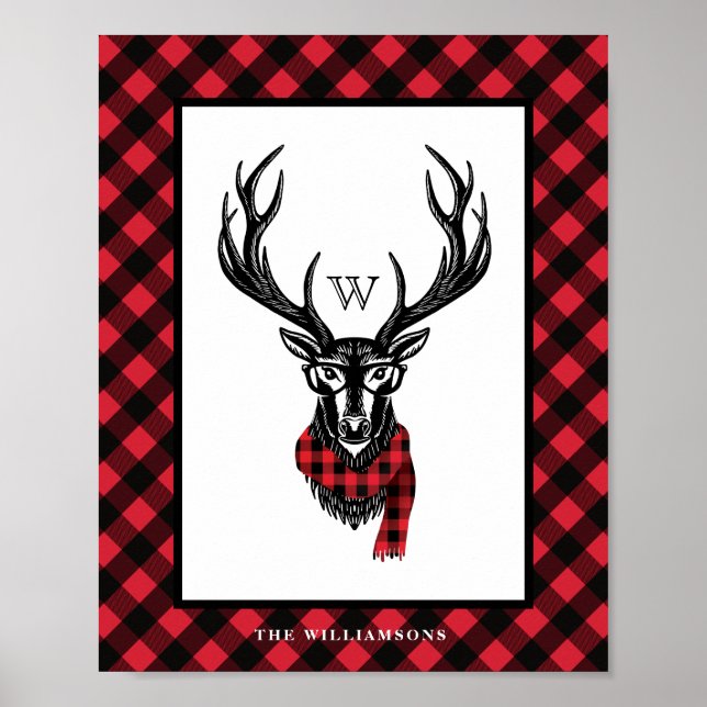 Cosy & Warm | Red Buffalo Plaid Reindeer Monogram Poster (Front)