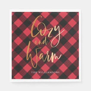 Cosy & Warm Script Red Buffalo Plaid Christmas Napkin