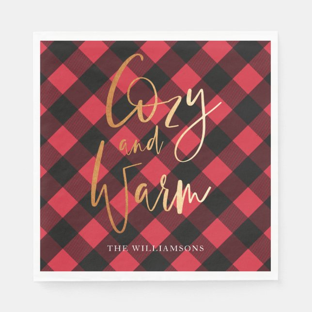 Cosy & Warm Script | Red Buffalo Plaid Christmas Napkin (Front)