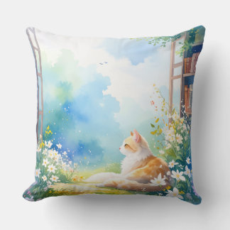 Cosy Watercolor Cat Floral Throw Pillow