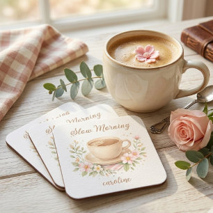 Cosy Watercolor Coffee & Floral Illustration Square Paper Coaster
