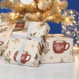 Cosy Watercolor Hot Cocoa Books Holly Christmas Wrapping Paper