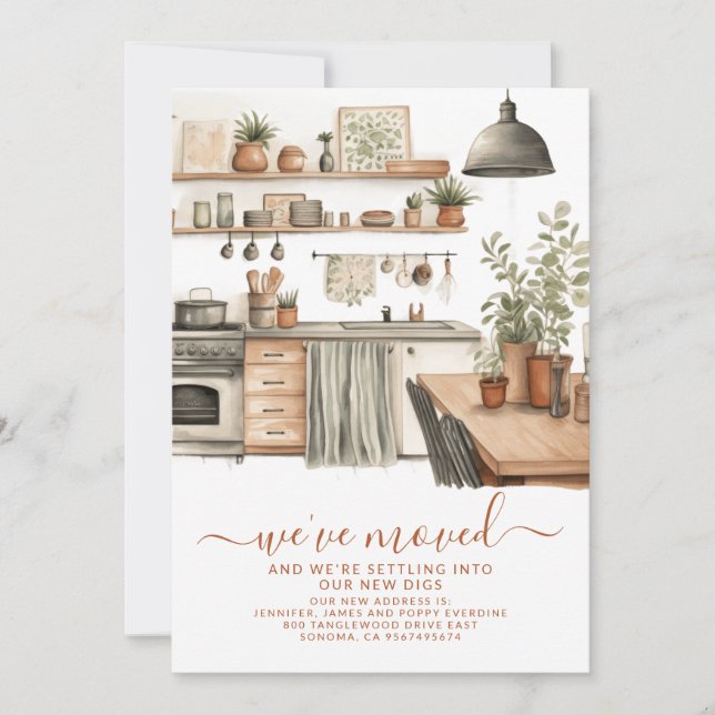 Cosy Watercolor Kitchen New Address Moving Announcement (Front)