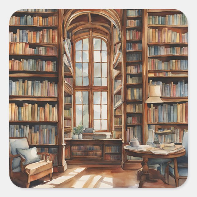 Cosy Watercolor Library Square Sticker (Front)