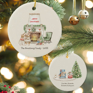 Cosy Watercolor Mice Fireplace Christmas Ceramic Ornament