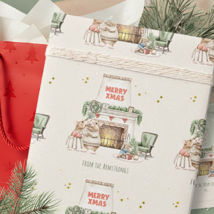 Cosy Watercolor Mice Vintage Christmas Scene Wrapping Paper