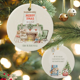 Cosy Watercolor Mice Vintage Family Christmas Fire Ceramic Ornament