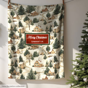 Cosy Watercolor Neutral Earthy Colours Xmas Villag Fleece Blanket